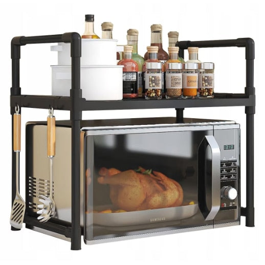 Suport pentru cuptor cu microunde cu raft extensibil, multifunctional, pentru bucatarie, din plastic si metal, negru, usor de instalat 48X26X49 cm