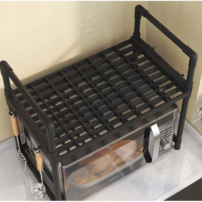 Suport pentru cuptor cu microunde cu raft extensibil, multifunctional, pentru bucatarie, din plastic si metal, negru, usor de instalat 48X26X49 cm