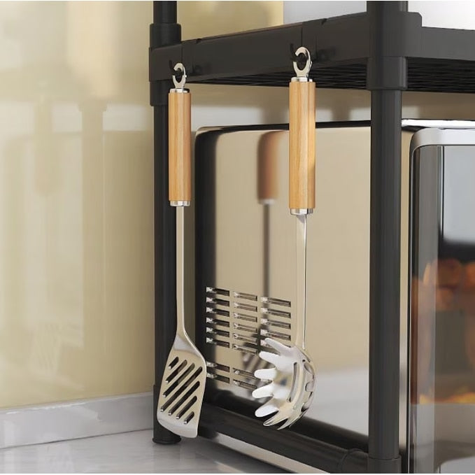 Suport pentru cuptor cu microunde cu raft extensibil, multifunctional, pentru bucatarie, din plastic si metal, negru, usor de instalat 48X26X49 cm