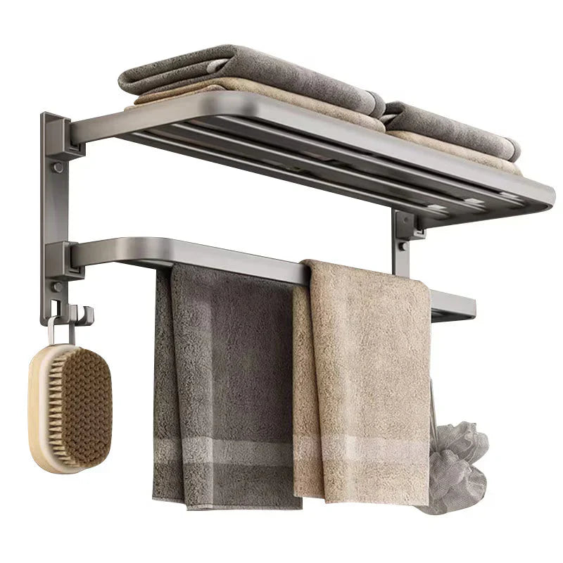 Suport prosoape baie, pliabil, aluminiu spatial, cu polita si carlige, lungime 60cm, Gri
