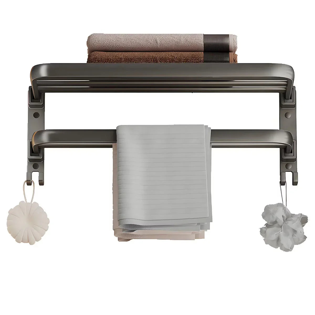 Suport prosoape baie, pliabil, aluminiu spatial, cu polita si carlige, lungime 60cm, Gri