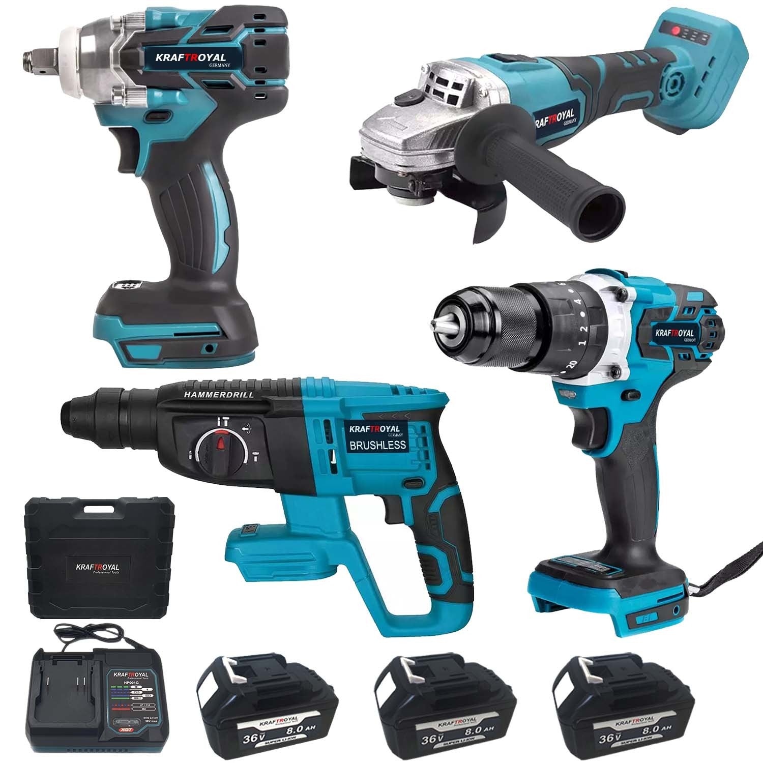 Trusa 4 Scule cu 3 Acumulatori 128V, Bormasina Impact, Polizor Unghiular, Ciocan Rotopercutor, Autofiletanta