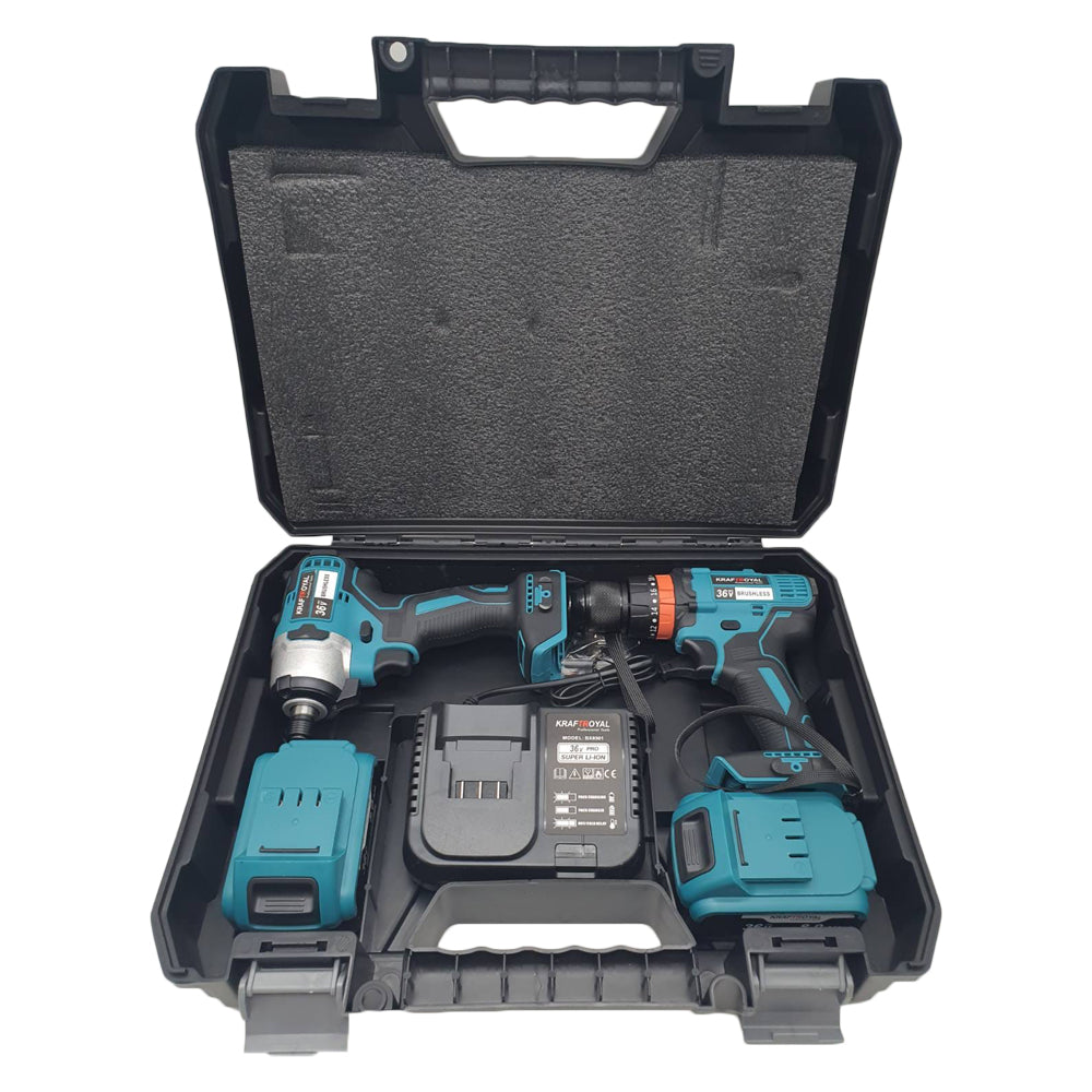 Trusa Bormasina cu Impact + Bormasina de gaurit si insurubat KraftRoyal cu 2 Acumulatori 48V 8 Ah